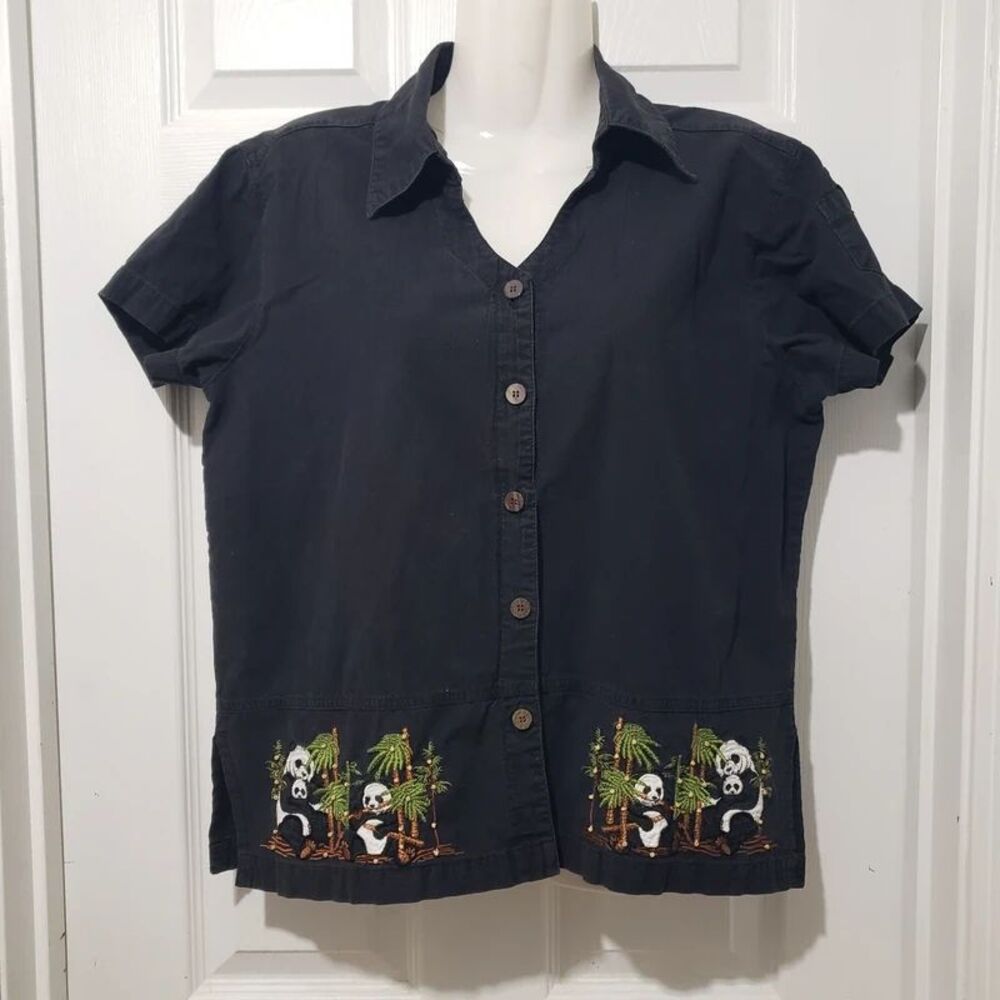 VTG Jane Ashley | Black Panda Bamboo Embroidered Short-Sleeve Shirt | Medium